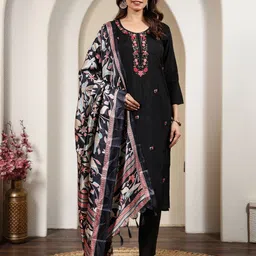 Anouk Rustic Embroidered Round Neck Thread Work Straight Kurta With Trousers & Dupatta-picture-29
