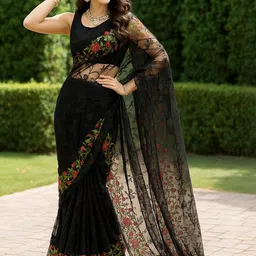 HERE&NOW Women Floral Embroidered Net Saree image 3