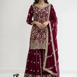 CARTYSHOP Women Ethnic Motifs Embroidered Panelled Thread Work Kurta with Sharara & With Dupatta-picture-14