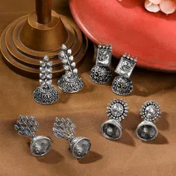 Yellow Chimes Set Of 4 Silver-Plated Oxidised Contemporary Jhumkas-picture-47