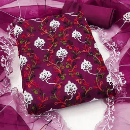HERE&NOW Floral Embroidered Thread Work Organza Unstitched Dress Material-picture-27