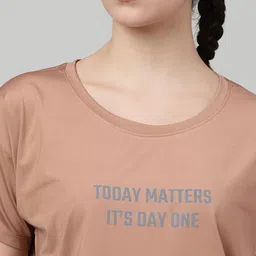 mkh Women Typography Crew Neck Polyester Brown T-Shirt image 5