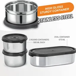 milton Steel Smart 2Round Inner Steel 500ml each & Oval container 675ml, Spoon With Bag 3 Containers Lunch Box image 3