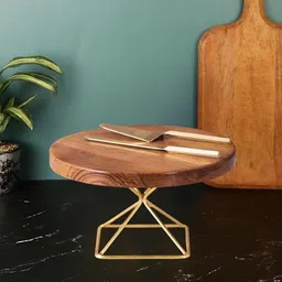 decoraysenterprises Wooden Cake Stand with Golden Metal Base for Party & Home Décor Iron Fruit & Vegetable Basket image 1
