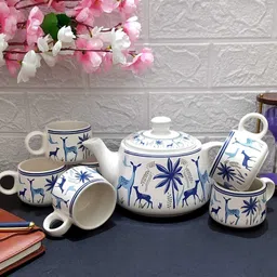 laxmi creation Pack of 7 Ceramic Blue Deer Design Tea Cup Set With Kettle image 2