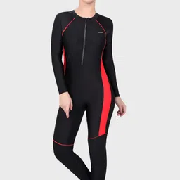 Swimming Full Sleeves Swimsuit for Women (Front Zip with Contrast Side Panel) Self Design Women Swim-dress Black Swimsuit-image-29
