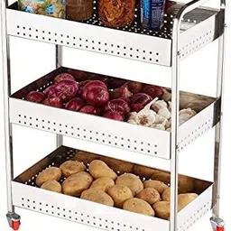harvic 3 Layer Stainless Steel Folding Onion Potato Trolley With Stand and Wheel Stainless Steel Kitchen Trolley image 2