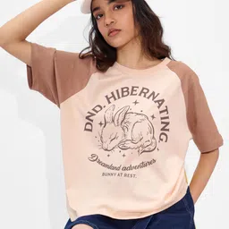 the souled store Women Graphic Print Round Neck Pure Cotton Beige T-Shirt-picture-15