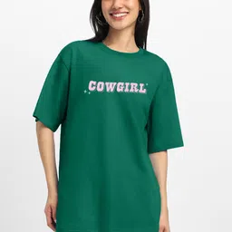 juneberry Oversized Women Printed Round Neck Pure Cotton Dark Green T-Shirt image 2