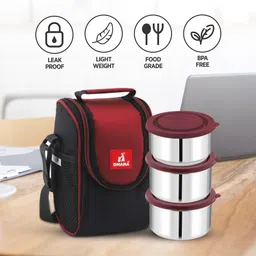 dhara stainless steel Double Wall Insulated Hot Time Lunch Tiffin Box with Fabric Jacket Maroon 3 Containers Lunch Box image 3