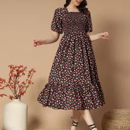 Women A-line Black Midi/Calf Length Dress-image-70