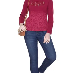 star touch Women Printed Round Neck Cotton Blend Maroon T-Shirt image 2