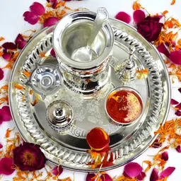 me&you Silver Plated Puja Thali with Rali Chawal and Kalawa, For Diwali Pooja| Dhanteras | Navratras | Bhaidooj | Durga Pooja Silver Plated image 4