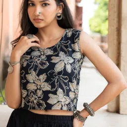 Party Sleeveless Floral Print Women Blue Top-image-0