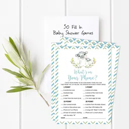 inkdotpot 50 Baby Shower Game Cards Hippo Jungle Animals Activity Cards Party Supply Invitation Card image 2