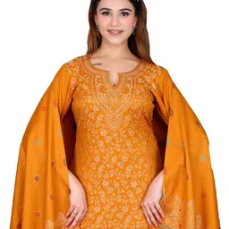 weavers villa Women Acro Wool Antique Floral Pattern Suit (Unstitched) Dress Material with Stole, 9 Meters Fabric, Mustard image 3