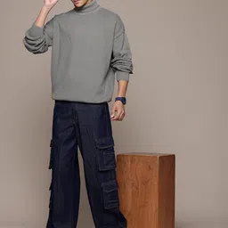 roadster Men Self Design Turtle Neck Grey Sweater image 5