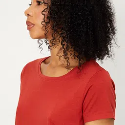 max Women Solid Round Neck Pure Cotton Brown T-Shirt image 3