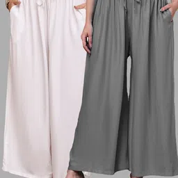 valles365 by s.c. Pack of 2 Women Flared Grey, White Viscose Rayon Trousers-picture-25