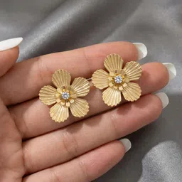 samriddhi jewels Floral Shine Textured Gold-Tone Stud Earrings for Women & Girls Cubic Zirconia Stainless Steel Stud Earring image 4