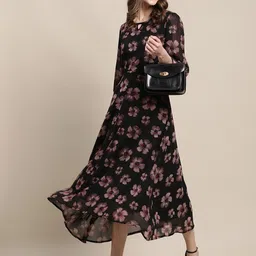 fabflee Women A-line Black Midi/Calf Length Dress-picture-20