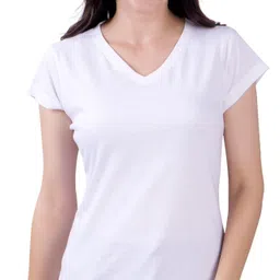 fashinks Women Solid V Neck Cotton Blend White T-Shirt-picture-22