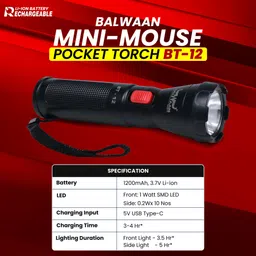 balwaan BT-12 Handheld Flashlight Torch 1200mAh Battery, 1W SMD LED, 3-4 Hours Runtime Torch image 4