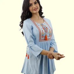 dmp fashion Casual Regular Sleeves Embroidered Women Light Blue Top-picture-19