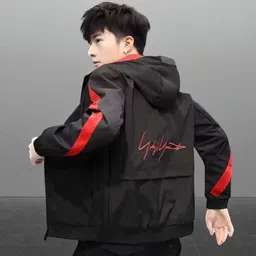 The Harry Hub Full Sleeve Black Hodded with Red Strip Jacket Colorblock Men Wind Cheater image 2