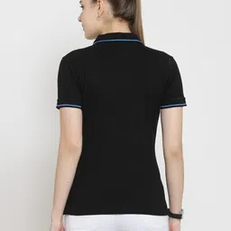 scott international Women Solid Polo Neck Pure Cotton Black T-Shirt image 2