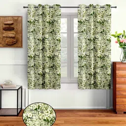 cortina Green Polyester Floral 5ft Semisheer Eyelet 2 Pc Window Curtains image 1