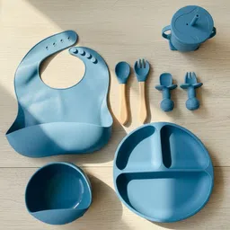 isupta Blue Silicone Baby Feeding Set (8-in-1) - Food-grade Silicone (Bowl, Plate, Bib, Cup, Training Spoon/Fork), Wooden Handle image 4
