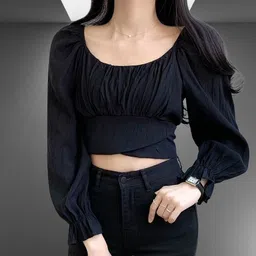 tooba enterprises Casual Puff Sleeves Solid Women Black Top-picture-10