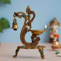 ecraftindia Peacock Designer Gold Brass Diya image 1
