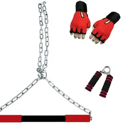 Chin up bar & Hand Gripper With Gloves Singal Rod Height Increaser and Chin up bar Exercise Chain Rod Gym & Fitness Kit Fitness Accessory Kit Kit-image-48