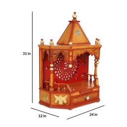 dzyn furnitures Aikyam Wall Mount Pooja Mandir without Door (Teak Gold) image 2