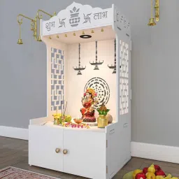 homscape Timeless Wooden Mandir For Home With Spacious Shelf Inbuilt Focus Light White image 3