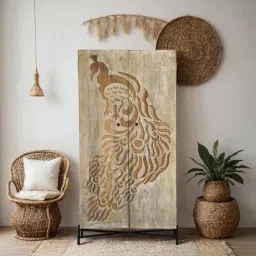 myoon Peacock 2 Door Solid Wood Hand Carved Wardrobe in Ash Finish image 1