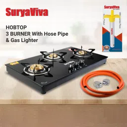 suryaviva Hobtop 3B(Lighter+Hose pipe)Toughened Glass Gas Stove(Manual,Black) Glass Manual Hob image 5