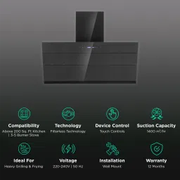 elica EFL S 911 BLDC HAC LTW VMS 90cm 1400m3/hr Ducted Auto Clean Wall Mounted Chimney with Touch Control Panel (Black) image 3