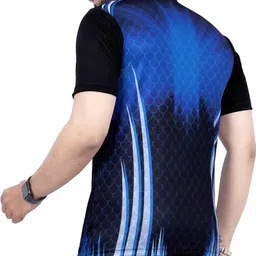 hdee Men Printed Mandarin Collar Polyester Navy Blue T-Shirt image 2