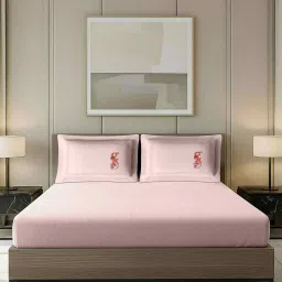 platina india Pink Stripped Bedsheet With Solid, Embroidery Pillows 800 Tc Cotton King Sized Double Bedsheet With 2 Pillow Covers image 1