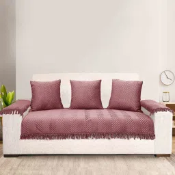 saral home Peach Zig-Zag Velvet 3 Seater Sofa Cover (Pack of 6) image 1
