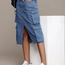 roadster Women Solid Straight Blue Skirt-picture-14