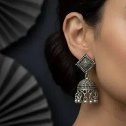 riavi collections AmericanDiamond AD look Silver Tops and Grey Finish Square Jhumka (Combo) Beads Alloy Jhumki Earring, Earring Set image 3