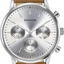 Sonata 2 Quartz Multifunction Silver Dial Brown Leather Strap Analog Watch - For Men 77139SL01|77139SL01|77139SL01 image 2