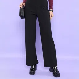 tokyo talkies Women Flared Black Cotton Blend Trousers-picture-19