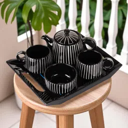 serv-o-best 5 Pcs Ceramic Tea Set,1 Kettle(330ml), 2 Cups(120ml), 1 Bowl(200ml) & 1 Tray Cup Serving Set-picture-18
