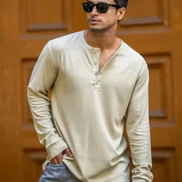 maniac Men Solid Henley Neck Cotton Blend Beige T-Shirt-picture-11
