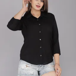 Women Regular Fit Solid Wingtip Collar Formal Shirt-image-0